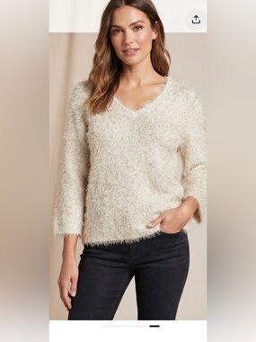 Chico’s Ivory Gold Metallic Eyelash Knit Fuzzy Sweater Shimmer Size 1